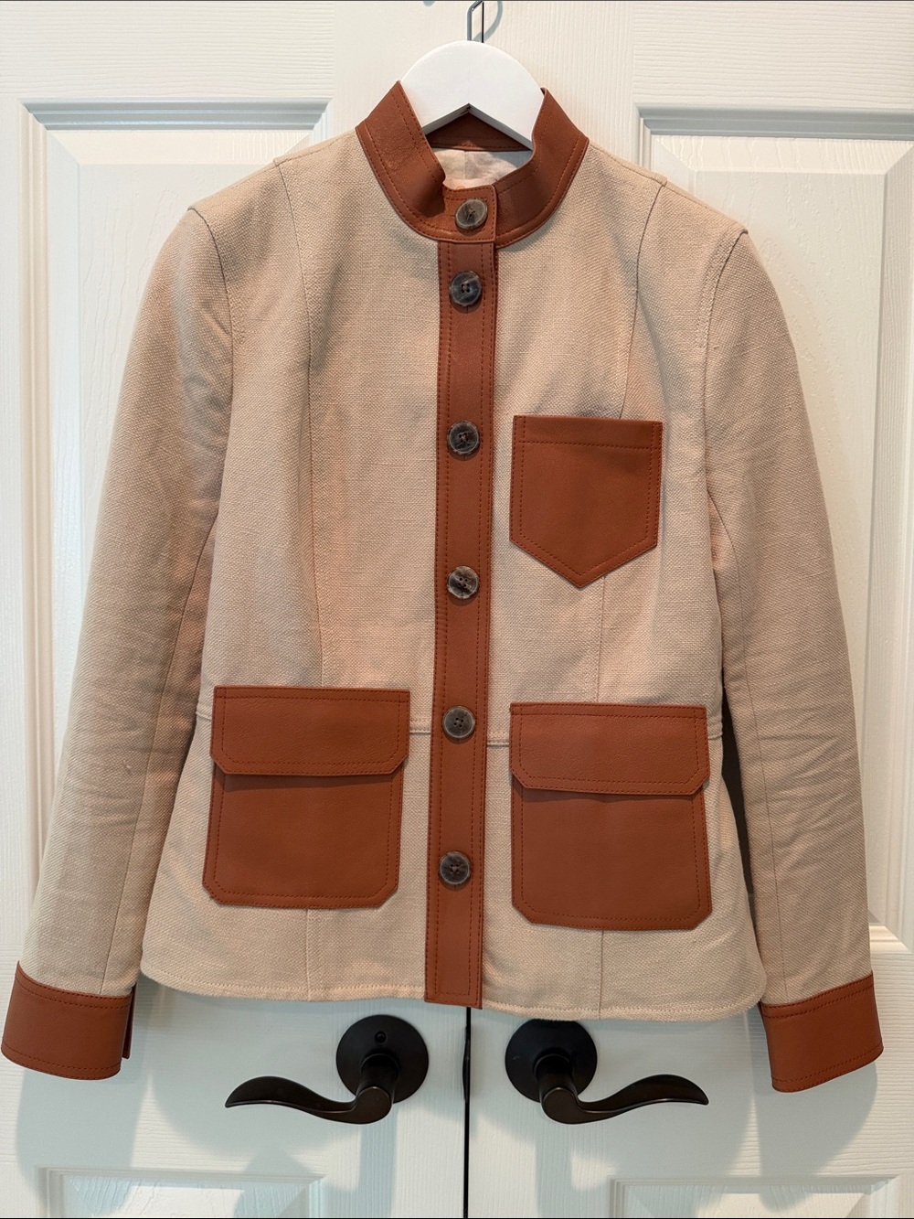 Tory Burch Two-Tone Beige and Brown Button Jacket with Leather Trim